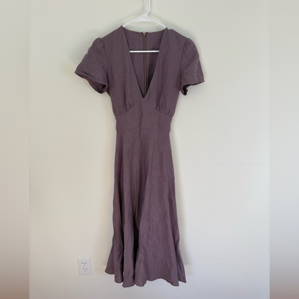 Linen Handmade Studios Women Purple V Neck Short Sleeve Midi Dress